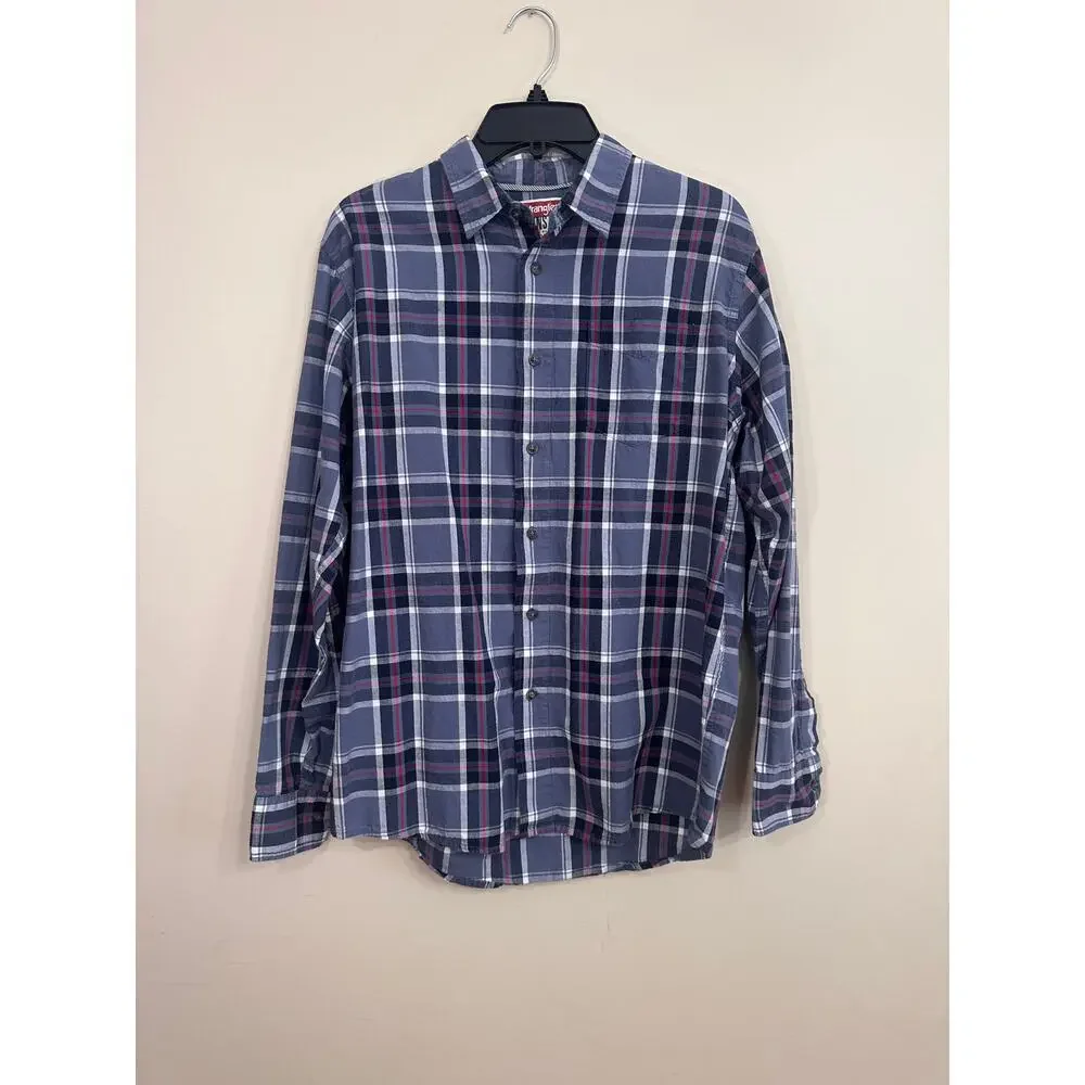 Wrangler Mens Medium Blue Plaid Button Down Shirt 100% Cotton - Picture 4 of 6